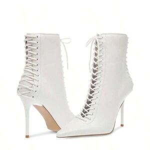 Steve Madden AllNight Leather Lace Up Stiletto Booties in White Size 8